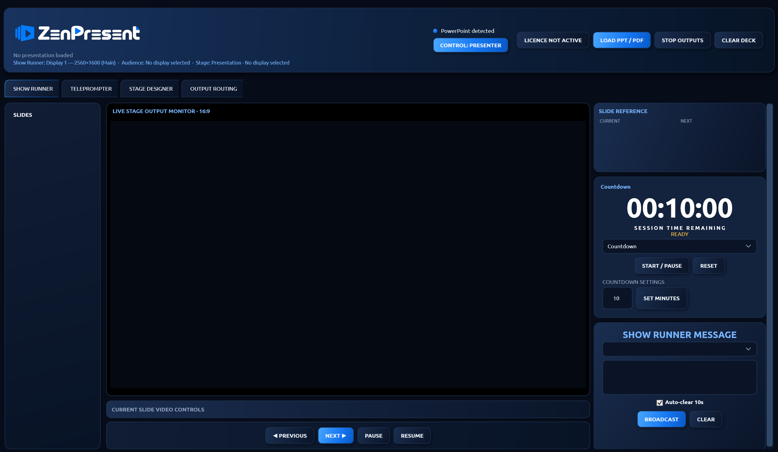 ZenPresent Show Runner with stage preview, countdown and operator messages