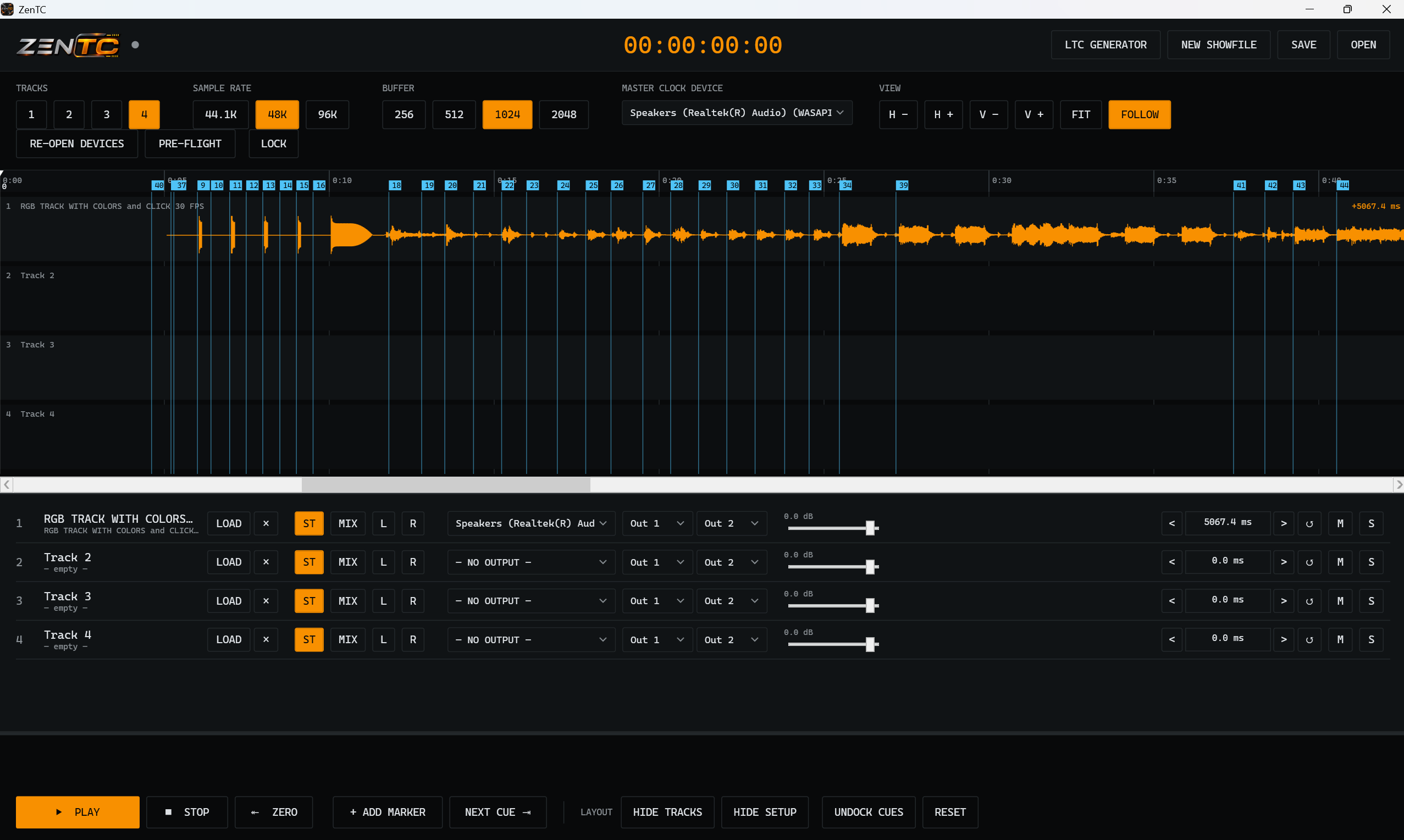 ZenTC audio timeline with waveform, timecode markers and output routing