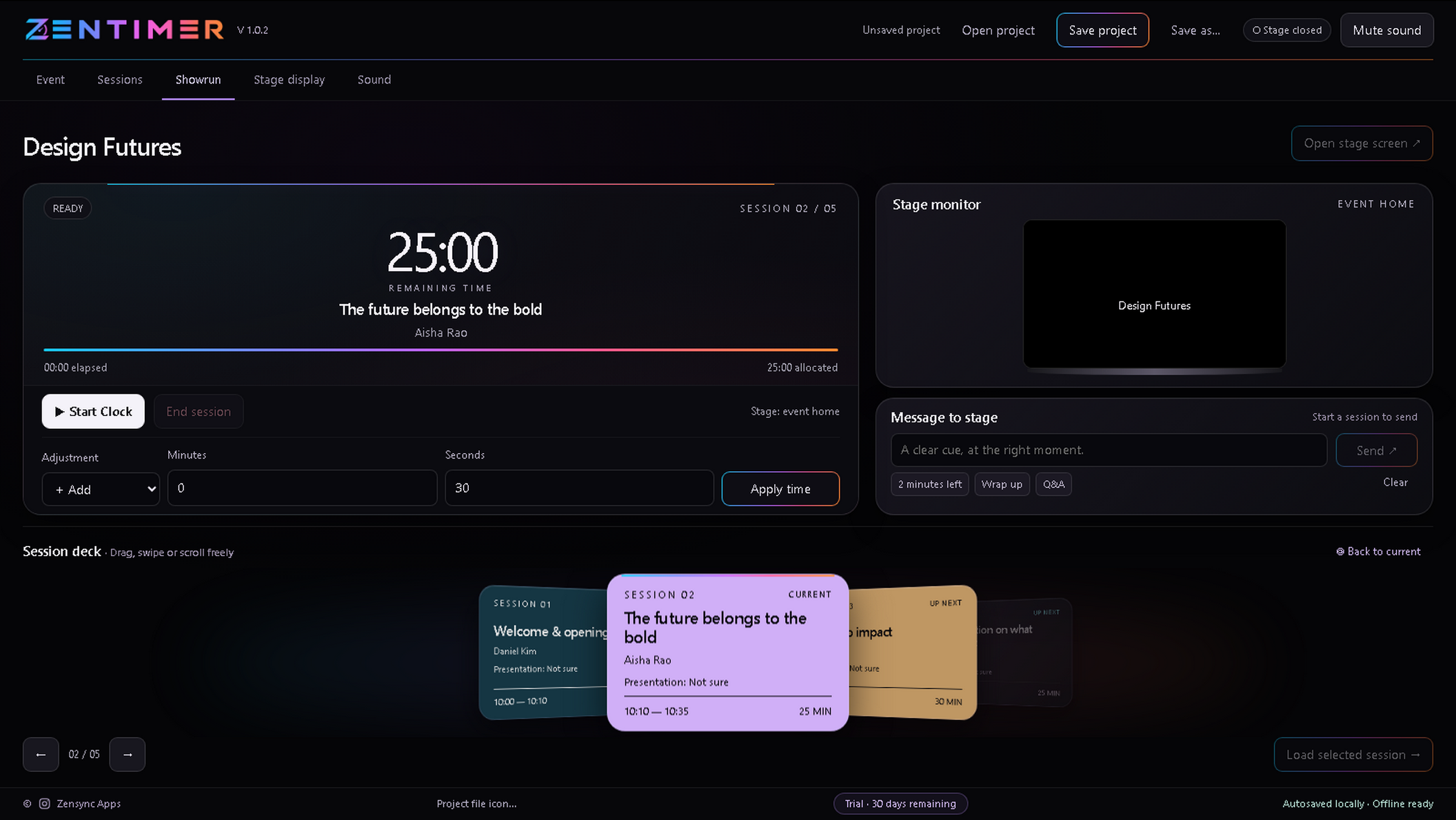 ZenTimer Showrun with countdown, stage monitor and session carousel